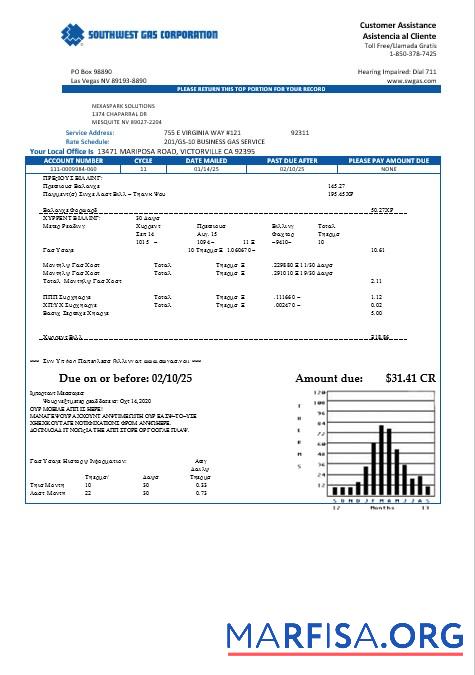 Realistic USA Nevada Southwest gas Corporation business utility bill template in Word and PDF formats